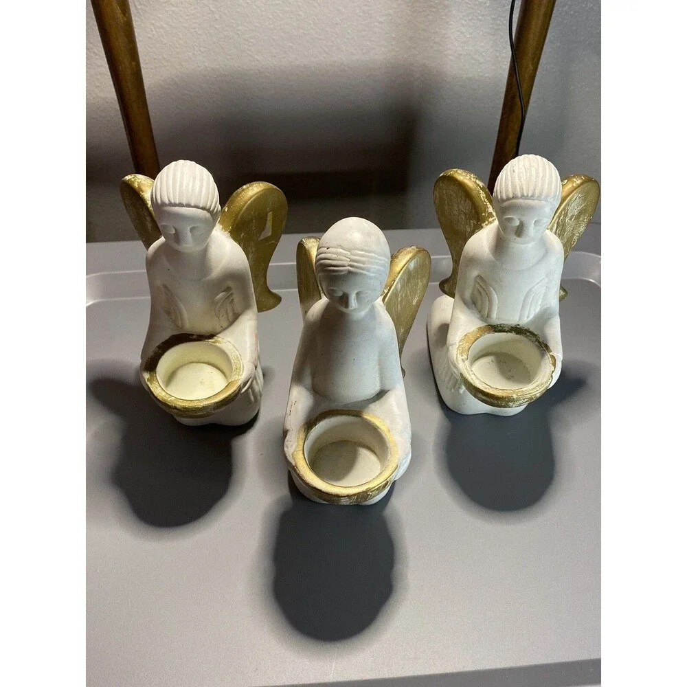 Angels Kneeling Tealight Holders White & Gold Chalk ware ( Lot Of 3 ) Decor